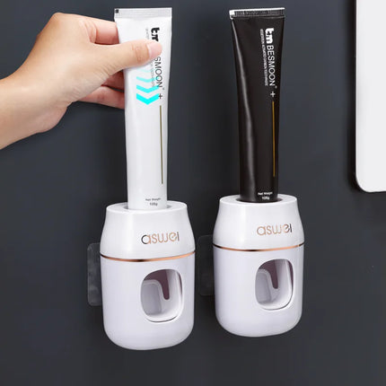 WIKHOSTAR Bathroom Accessoriest Set Automatic Toothpaste Dispenser Wall-mounted Toothpaste Squeezer Dust-proof Toothbrush Holder by zapcart