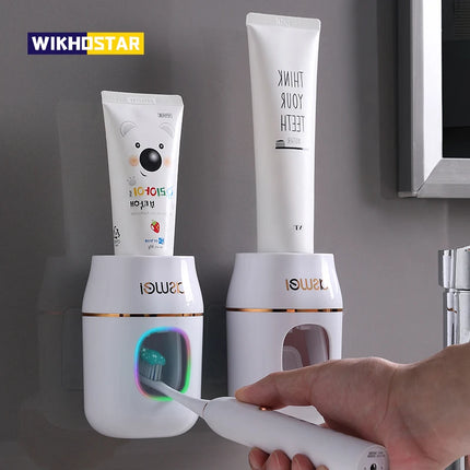 WIKHOSTAR Bathroom Accessoriest Set Automatic Toothpaste Dispenser Wall-mounted Toothpaste Squeezer Dust-proof Toothbrush Holder by zapcart