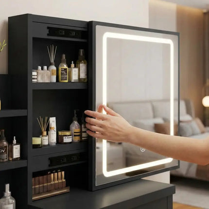 Table with Mirror and Stool, Vanity Table with LED Lights and Adjustable Brightness, Vanity Desk with Mirror, Makeup Desk for B by zapcart