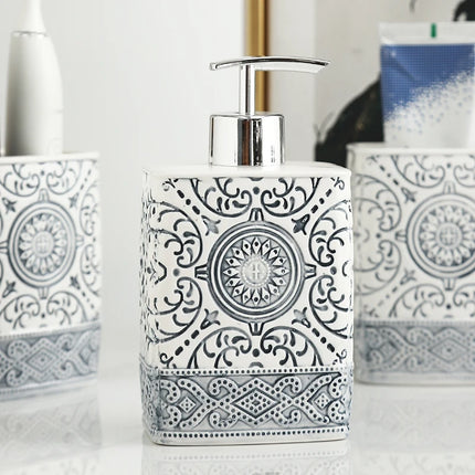 Modern Ceramic Lotion Bottle Soap Dish Toothbrush Holder Bathroom Set Flower Texture Porcelain Shampoo Bottling Soap Dispenser by zapcart