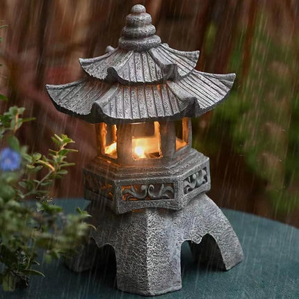 Solar Powered Japanese Pagoda Lantern Waterproof Outdoor Garden Decor Light Automatic Luminescence Zen Style Yard Pathway Lamp by zapcart