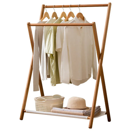 Foldable wooden clothes hanger, bedroom clothes hanger, thick hanging pole, cotton and linen storage bag, simple decorative rack by zapcart