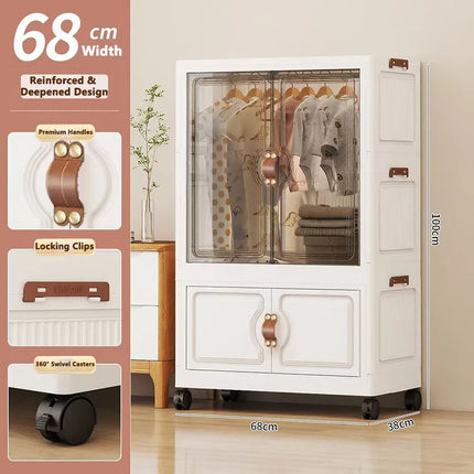 Foldable Child's Wardrobe Double Doors Large Capacity Storage Cabinet Simple Design Portable Organizer with Wheels for Kids Room by zapcart