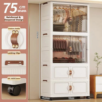 Foldable Child's Wardrobe Double Doors Large Capacity Storage Cabinet Simple Design Portable Organizer with Wheels for Kids Room by zapcart