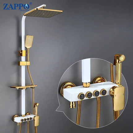 ZAPPO White Gold Digital Shower Set Brass Bathroom Fixture Hot Cold Bathroom Rain Shower Head Shower System with Bidet Faucet by zapcart
