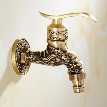 Carved Wall Mount Bibcock Brass Retro Tap Decorative Outdoor Garden Taps Washing Machine Mop Luxury Antique WC Faucet by zapcart