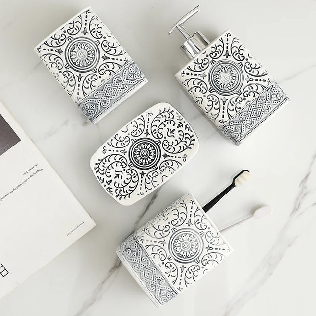 Modern Ceramic Lotion Bottle Soap Dish Toothbrush Holder Bathroom Set Flower Texture Porcelain Shampoo Bottling Soap Dispenser by zapcart