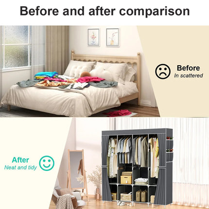 Large Fabric Canvas Wardrobe With Hanging Rail Shelving Clothes Storage Cupboard 4Row by zapcart