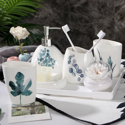 Green Nordic Ceramic Bathroom Set - Soap Dispenser, Toothbrush Holder, Tumbler & Soap Dish for Stylish Bathroom Organization by zapcart