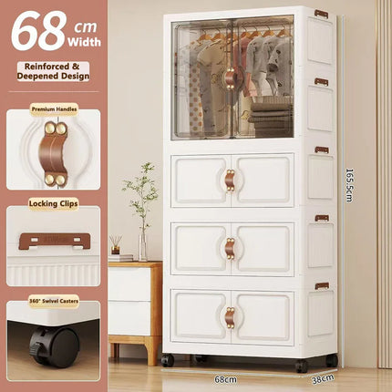 Foldable Child's Wardrobe Double Doors Large Capacity Storage Cabinet Simple Design Portable Organizer with Wheels for Kids Room by zapcart