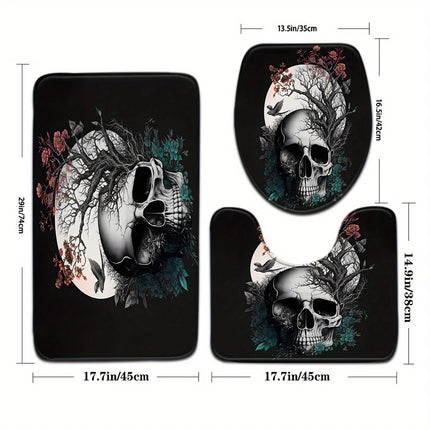 Late Night Moon Gothic Skeleton Bathroom Set - Soft Non Slip Contour Mat, Toilet Lid, and Bath Mat for Unique Home Decor by zapcart