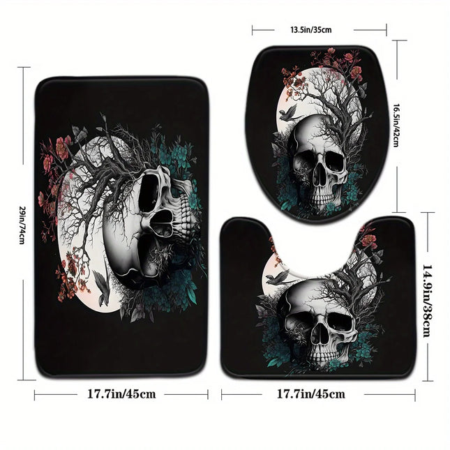 Late Night Moon Gothic Skeleton Bathroom Set - Soft Non Slip Contour Mat, Toilet Lid, and Bath Mat for Unique Home Decor by zapcart