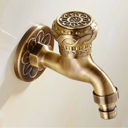 Carved Wall Mount Bibcock Brass Retro Tap Decorative Outdoor Garden Taps Washing Machine Mop Luxury Antique WC Faucet by zapcart