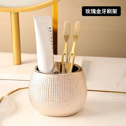 4 Pieces Rose Gold Ceramic Tooth Brushing And Washing Set Soap Dish Liquid Dispenser Shampoo Bottle Bathroom Accessories by zapcart