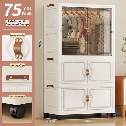 Foldable Child's Wardrobe Double Doors Large Capacity Storage Cabinet Simple Design Portable Organizer with Wheels for Kids Room by zapcart