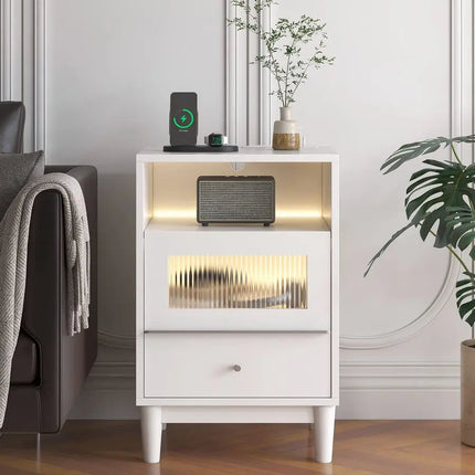 Bedside Table with Charging Station, Bedside Cabinet with Led Lights, 2 AC Outlets and 2 USB Ports, Nightstand with 2 Drawers,1 by zapcart