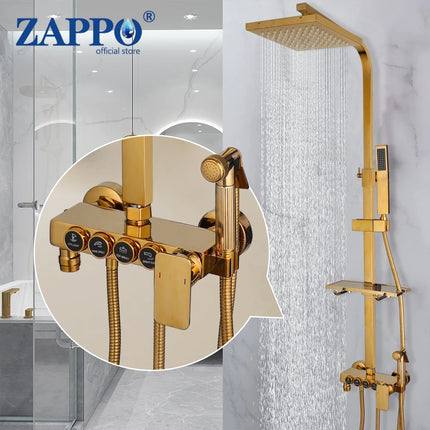 ZAPPO White Gold Digital Shower Set Brass Bathroom Fixture Hot Cold Bathroom Rain Shower Head Shower System with Bidet Faucet by zapcart
