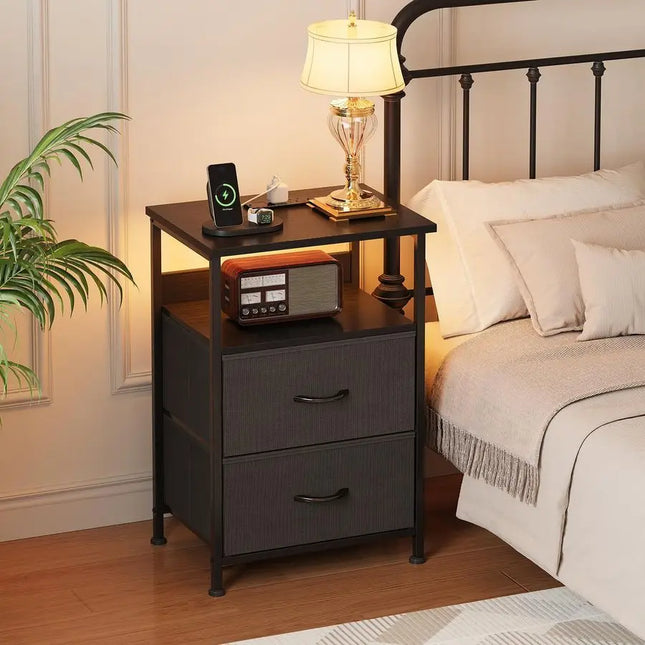 Bedside Table with Charging Station, Small Bedside Table for Bedroom, Nightstand with USB Ports amp Outlets, Bed Side Cabinet f by zapcart