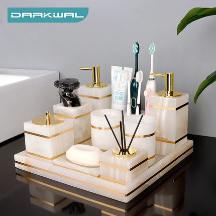 White Onyx Natural Marble Bathroom Accessories Set Gold Luxury Soap Dispenser Soap Dish Tray Toothbrush Holder Bathroom Set by zapcart