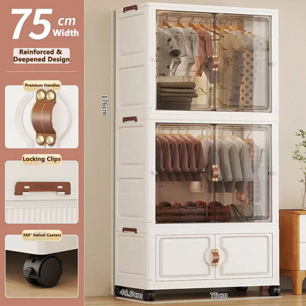 Foldable Child's Wardrobe Double Doors Large Capacity Storage Cabinet Simple Design Portable Organizer with Wheels for Kids Room by zapcart
