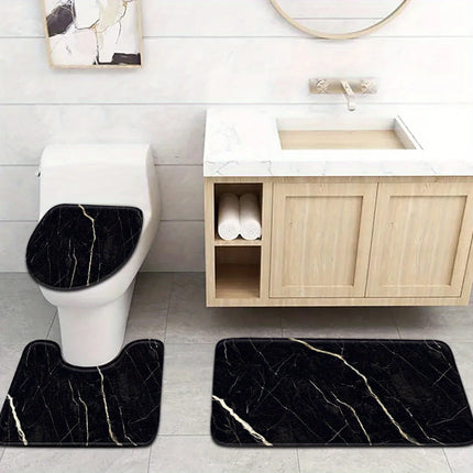 Golden Crack Luxury Black Marble Bathroom Set - Soft Non Slip Contour Mat, Toilet Lid, and Bath Mat for Elegant Home Decor by zapcart