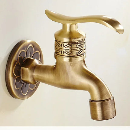Carved Wall Mount Bibcock Brass Retro Tap Decorative Outdoor Garden Taps Washing Machine Mop Luxury Antique WC Faucet by zapcart