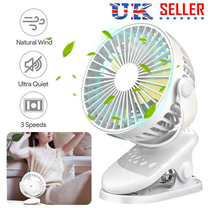 Portable Clip On Fan USB Rechargeable 3 Speeds Table Desk Air Coog Fans White by zapcart
