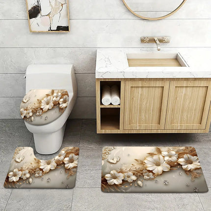 Luxury Gold Flower and Diamond Bathroom Set - Soft and Non Slip Contour Mat, Toilet Lid, and Bath Mat for Elegant Home Decor by zapcart
