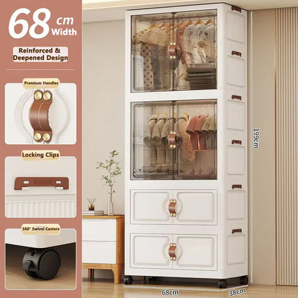 Foldable Child's Wardrobe Double Doors Large Capacity Storage Cabinet Simple Design Portable Organizer with Wheels for Kids Room by zapcart