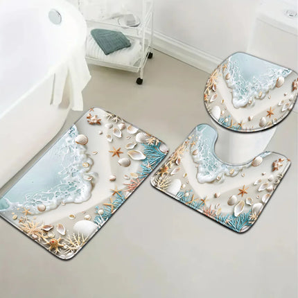 Beach Seaweed and Shell Bathroom Set - Soft Non Slip Contour Mat, Toilet Lid, and Bath Mat, Suitable for Beach Style Home Decor by zapcart