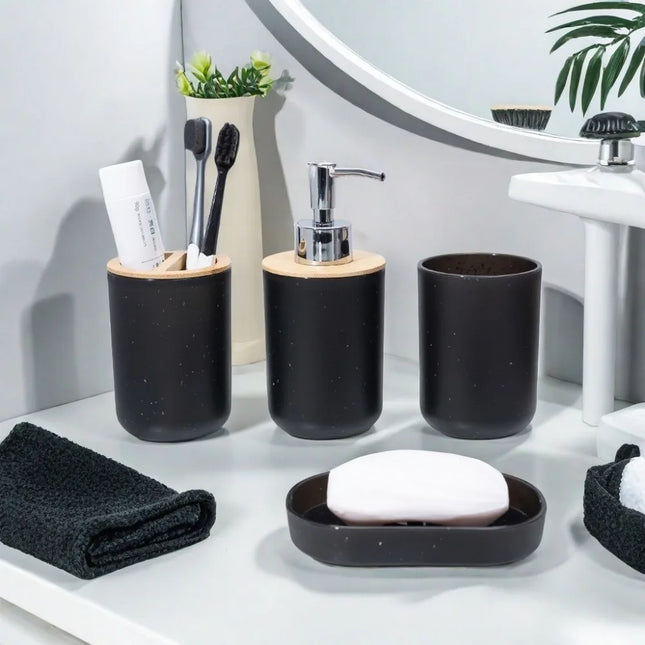 4Pcs/Set Soap Dispenser Box Toilet Brush Lotion Bottle Trash Can Bamboo Plastic Bathroom Storage Set Toothbrush Cup Holder by zapcart