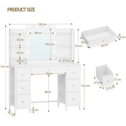 Dressing Table with Mirror, Vanity Desk with 3Color LED Lights Adjustable Brightness, 7 Fabric Drawers, 6Layer Shelves, Modern by zapcart