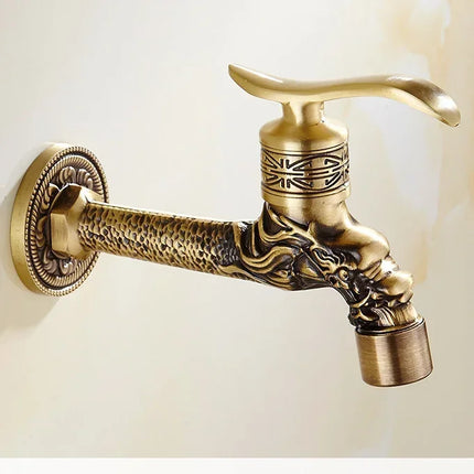 Carved Wall Mount Bibcock Brass Retro Tap Decorative Outdoor Garden Taps Washing Machine Mop Luxury Antique WC Faucet by zapcart