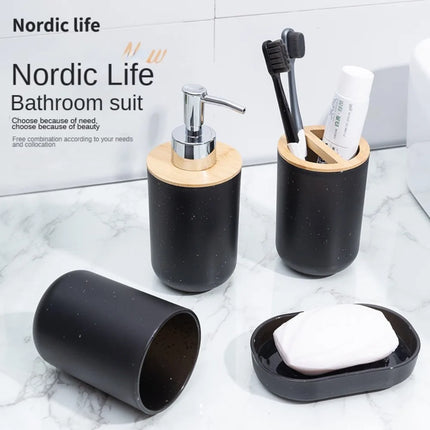 4Pcs/Set Soap Dispenser Box Toilet Brush Lotion Bottle Trash Can Bamboo Plastic Bathroom Storage Set Toothbrush Cup Holder by zapcart