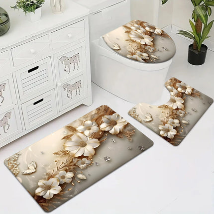 Luxury Gold Flower and Diamond Bathroom Set - Soft and Non Slip Contour Mat, Toilet Lid, and Bath Mat for Elegant Home Decor by zapcart