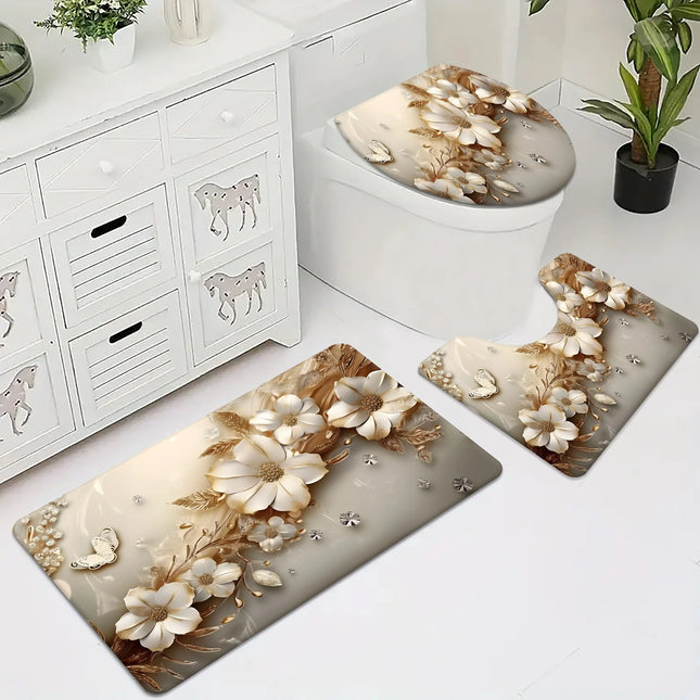 Luxury Gold Flower and Diamond Bathroom Set - Soft and Non Slip Contour Mat, Toilet Lid, and Bath Mat for Elegant Home Decor by zapcart