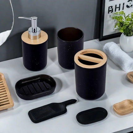 4Pcs/Set Soap Dispenser Box Toilet Brush Lotion Bottle Trash Can Bamboo Plastic Bathroom Storage Set Toothbrush Cup Holder by zapcart