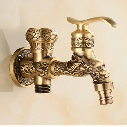 Carved Wall Mount Bibcock Brass Retro Tap Decorative Outdoor Garden Taps Washing Machine Mop Luxury Antique WC Faucet by zapcart
