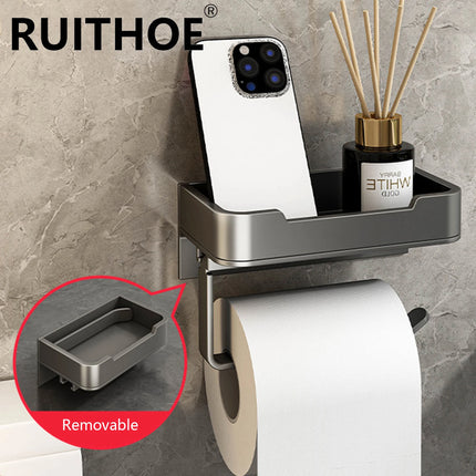 Toilet Paper Holder Space Aluminum Wall Mounted Black Toilet Paper Roll Holder Bathroom Accessories Hardware Decor Storage Shelf by zapcart