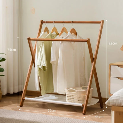 Foldable wooden clothes hanger, bedroom clothes hanger, thick hanging pole, cotton and linen storage bag, simple decorative rack by zapcart
