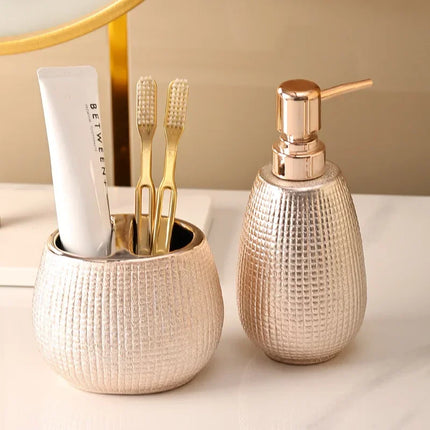 4 Pieces Rose Gold Ceramic Tooth Brushing And Washing Set Soap Dish Liquid Dispenser Shampoo Bottle Bathroom Accessories by zapcart