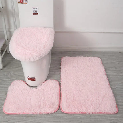 3pc Bathroom Set Rug Mat Toilet Lid Cover Plain Solid Color Bathmats Rugs Kit Non-Slip Fluffy Home Carpets For Bathroom by zapcart