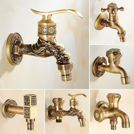 Carved Wall Mount Bibcock Brass Retro Tap Decorative Outdoor Garden Taps Washing Machine Mop Luxury Antique WC Faucet by zapcart