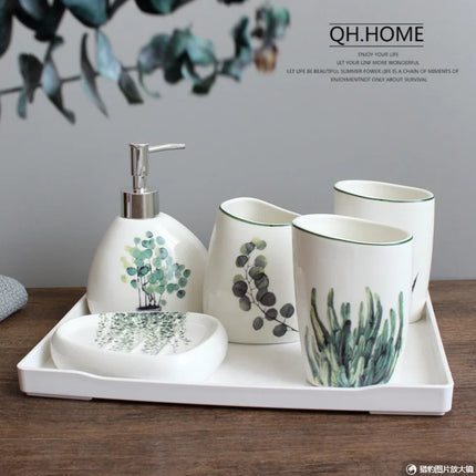Green Nordic Ceramic Bathroom Set - Soap Dispenser, Toothbrush Holder, Tumbler & Soap Dish for Stylish Bathroom Organization by zapcart