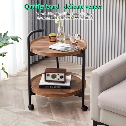 Multifunctional Double-Layer Coffee Table with Wheels, Hardwood Side Table and Rolling Storage, Ideal - Brown, Retro Style by zapcart