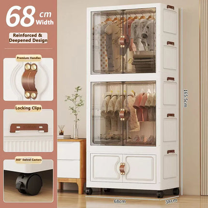 Foldable Child's Wardrobe Double Doors Large Capacity Storage Cabinet Simple Design Portable Organizer with Wheels for Kids Room by zapcart