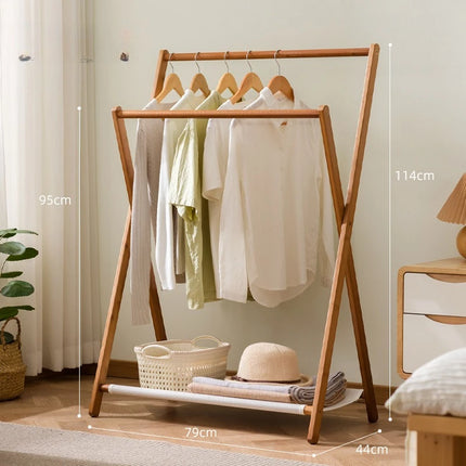 Foldable wooden clothes hanger, bedroom clothes hanger, thick hanging pole, cotton and linen storage bag, simple decorative rack by zapcart