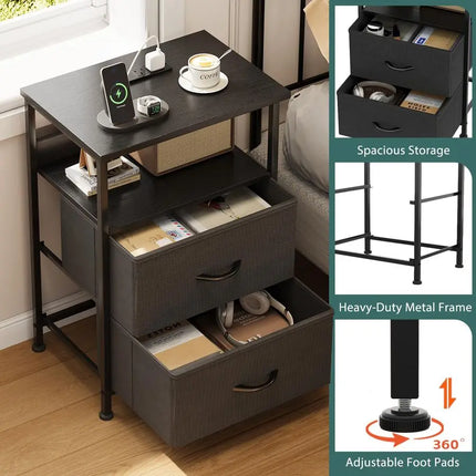 Bedside Table with Charging Station, Small Bedside Table for Bedroom, Nightstand with USB Ports amp Outlets, Bed Side Cabinet f by zapcart