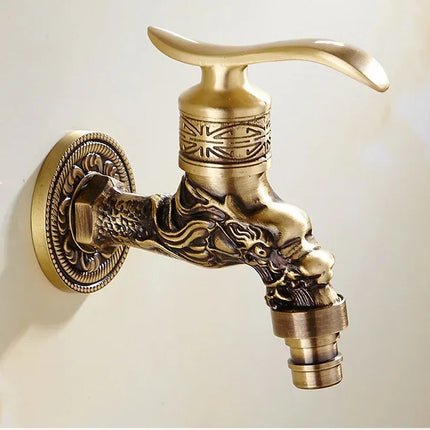 Carved Wall Mount Bibcock Brass Retro Tap Decorative Outdoor Garden Taps Washing Machine Mop Luxury Antique WC Faucet by zapcart