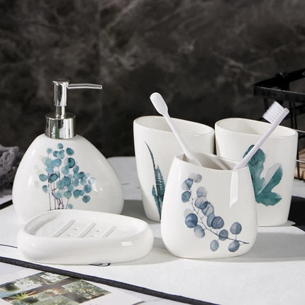 Green Nordic Ceramic Bathroom Set - Soap Dispenser, Toothbrush Holder, Tumbler & Soap Dish for Stylish Bathroom Organization by zapcart